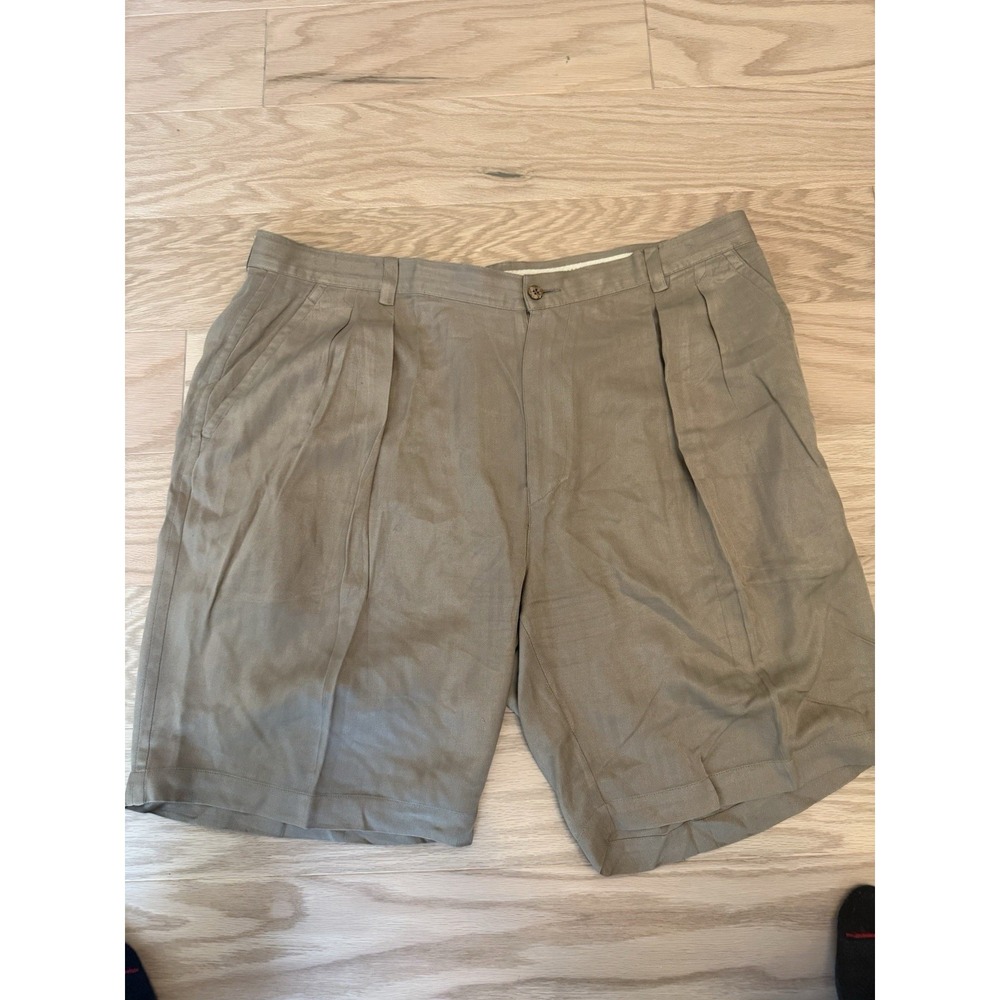 Tommy Bahama Mens Shorts 40 100% Silk Pleated Herringbone Khaki Tan Relax